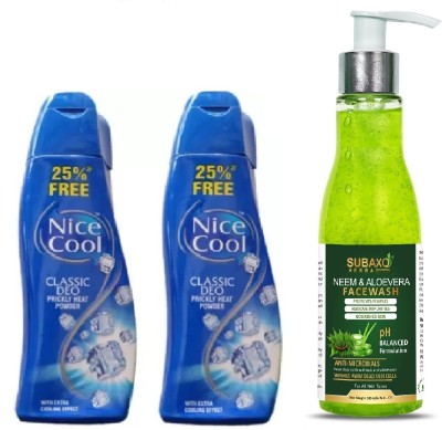 NICE COOL Classic Deo Powder(187g) 2Pc & Subaxo Herbal Neem & Aloevera Face Wash 200 ml(3 Items in the set)