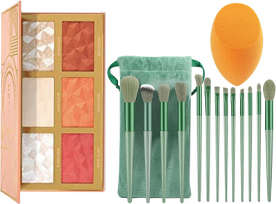 Sh.Huda 6-color Hybrid Highlight Blush contour Palette and 13-Piece High-Quality Makeup Brush Set with Portable Pouch and Sponge(15 Items in the set)