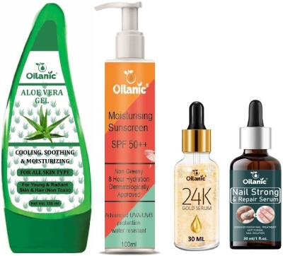 Oilanic Aloevera Gel 130ml, Sunscreen100ml, 24k Gold Serum 30ml & Nail Strong Serum 30ml(4 Items in the set)