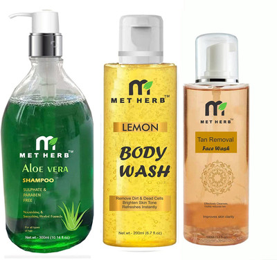 Metherb Aloe Vera Shampoo 300ml & Lemon Body Wash -200ml l & Tan Removal Face Wash -100ml (combo pack)(3 Items in the set)