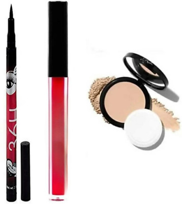 Earthcon Long lasting Liquid Eyeliner+Red Liquid Matte Lipstick + 2in1 Compact Powder (3 Items in the set)(3 Items in the set)