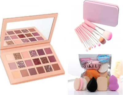 brown blush EYESHADOW KIT WITH PINK BRUSH SET AND PUFF PACKET(3 Items in the set)