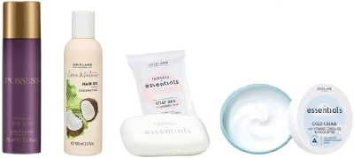 Oriflame Sweden POSSESS PERFUME SPREY 75ml+LOVE NATURE COCONUT HAIR OIL 100ml+ESSENTIAL GLOW SOAP 75g+ESSENTIALS COLD CREAM 75g(4 Items in the set)