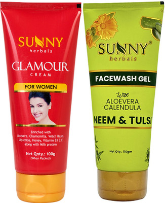 Sunny Herbals Face Wash Gel (With Neem And Tulsi)-110gm and Glamour Cream (For Women) -100gm(2 Items in the set)