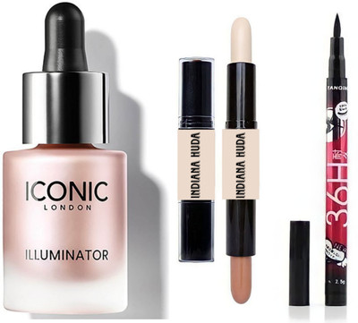 INDIANA HUDA SHINE (Pink Pearl) Iconic illuminator highlighter & Dual-Ended, 2IN1 Contour Stick & Long Stay,No-Smudge 36H EYELINER(3 Items in the set)