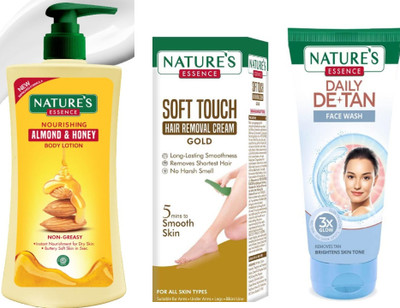 Nature's Nourishing Almond & Honey Body Lotion (400ml)Soft Touch Hair Removal Cream Gold (50g)Daily De-Tan Gel Face Wash (50ml)(3 Items in the set)