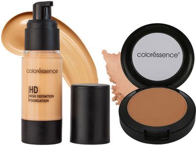 COLORESSENCE SPF-20 High Definition Liquid Foundation Full Coverage Lightweight Waterproof N Matte Bronzer Contour Powder Natural Highlighter for Face Sculpting Sun Kissed Look | 10 gm(2 Items in the set)