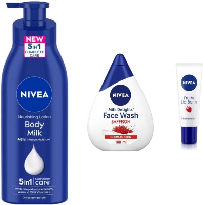 NIVEA Body milk 400ml bodylotion and Saffron 100ml Fw and Fruity liptube set of 3pc(3 Items in the set)