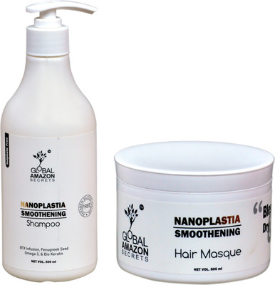 Global Amazon Secrets nanoplastia smoothening shampoo and masque (mask) 500ml each | btx infusion, bio keratin, Fenugreek Seeds & omega3(2 Items in the set)