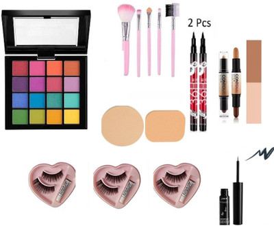 J & F 16 Color Eyeshadow Palette , 36h Pack of 2, Makeup Brush Set Of 5 ,2 in 1 puff,(7 Items in the set)