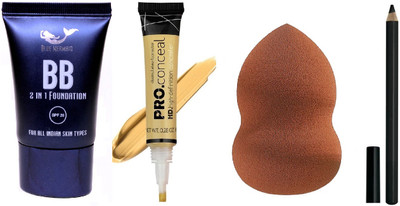BLUEMERMAID BEST CONCEALER +FOUNDATION + BLACK PENCIL + MAKEUP BLENDER COMBO(4 Items in the set)