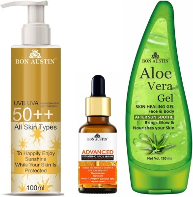 Bon Austin Broad Spectrum Sunscreen 100ML, Advance Vit-C Serum 30ML & Aloe Vera Gel 130ml(3 Items in the set)