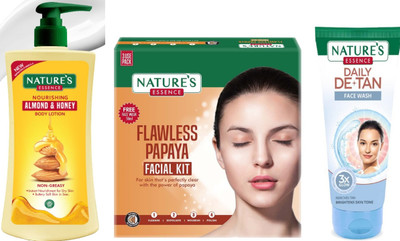 Nature's Nourishing Almond & Honey Body Lotion (400ml)Advanced Flawless Papaya Facial Kit (60g)Daily De-Tan Gel Face Wash (50ml)(3 Items in the set)