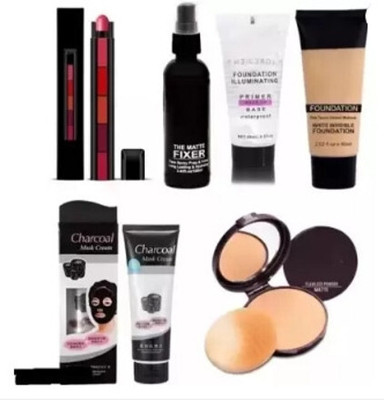 TALCHARDS 5in1 Lipstick+Makeup Fixer+ Primer +foundation+Charcoal Face mask+Compact Powder(6 Items in the set)