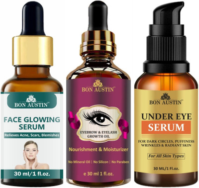Bon Austin Face Glowing Serum, Eyebrow and Eyelash Growth Oil & Under Eye Serum (Combo Pack) Each, 30ml(3 Items in the set)