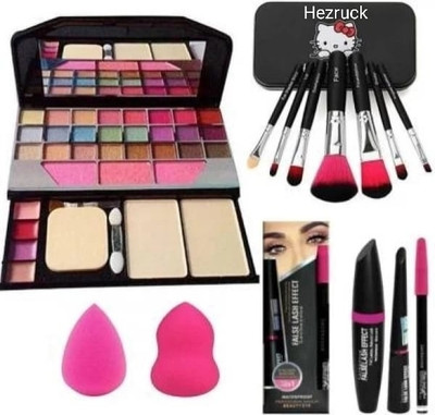 Hezruck 7pc Makeup Brush set with Makeup kit & 2pc Blender Puff + 3in1 combo ( kajal, eyeliner & Mascara)(4 Items in the set)