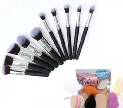 wryak Black Wooden Kabuki 10 Piece Make Up Brush & 6 In 1 Family Pack Puff(16 Items in the set)