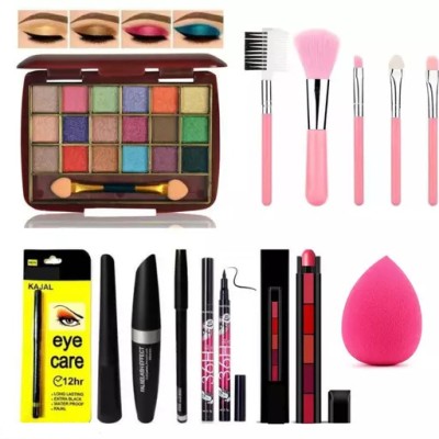 VIVIQ 13Pc Makeup Combo Kit With 5in1 Matte Lipstick, Eyeshadow Palette, 5pc Makeup Brush, Puff, Kajal, 3in1 Eye Combo, Eyeliner(13 Items in the set)