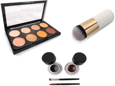 Lenon Beauty Highlighter and Contour 8 Shades Concealer Palette & Gel Black Brown Eyeliner With Foundation Brush(3 Items in the set)
