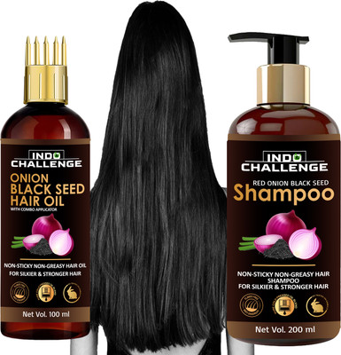 INDO CHALLENGE Red Onion Black Seed Oil Strong, Smooth and Silky, Anti Dandruff Shampoo (100ml oil+200ml shampoo)(2 Items in the set)