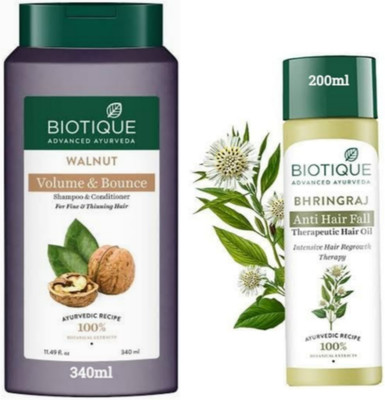 BIOTIQUE Walnut Volume & Bounce Shampoo 340ml & Bhringraj Anti Hair Fall Oil 200ml(2 Items in the set)