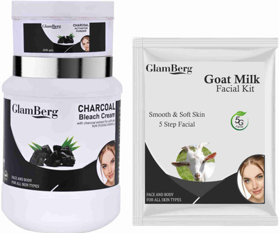 Glamberg Charcoal Bleach Cream With Activator + Goat Milk Facial Kit 5 in 1(2 Items in the set)