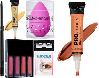 SHEFFO 4 Lipstick,Sponge Puff & False Eyelash Pair Glue & Yellow Concealer Corrector(5 Items in the set)