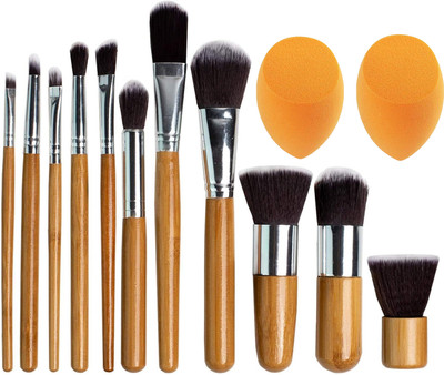 Sh.Huda Makeup Brushes Set – 11 Pc Wooden Handle With 2 Pcs beauty blender(13 Items in the set)