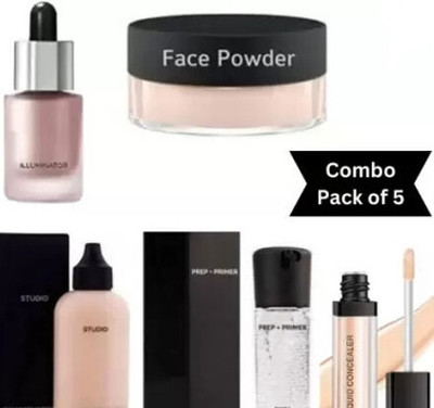ahdam Waterproof Foundation with Face Base Makeup Primer Concealer Stick Liquid Highlighter and Dark Circle Concealer(5 Items in the set)