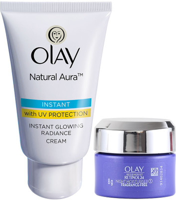 OLAY Natural Aura Powered With Vitamin B3, Pro B5, E With UV Protection (40 Gm) & Regenerist Retinol 24 Moisturiser (8 Gm)  (2 Items In The Set) For Rs. 117 @ 80 %