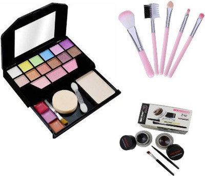 TUMR 5024 MULTICOLOR MAKEUP KIT + 5PC. MAKEUP BRUSH SET + BLACK AND BROWN GEL EYELINER(3 Items in the set)