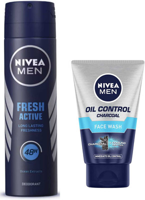 NIVEA FRESH ACTIVE DEODORANT SPARY & OIL CONTROL CHARCOAL FACE WASH 100 ML(2 Items in the set)