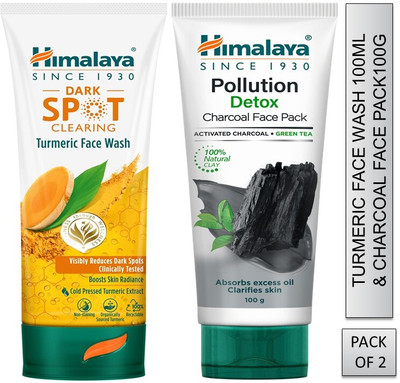 HIMALAYA dark spot clearing turmeric face wash 100ml & pollution detox charcoal face pack 100g ( pack of 2)(2 Items in the set)