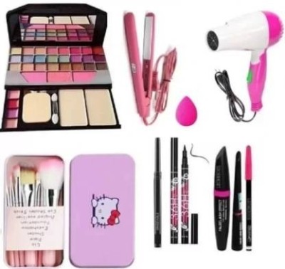 wryak Makeup Kit with 7 Pink Brushes, Hair Dryer, Mini Hair Straightener, 3in1 Eye Combo, 36H Eyeliner, Kajal & Pink Beauty Blender(16 Items in the set)