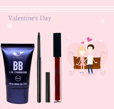 BLUEMERMAID 2 IN 1 BB FOUNDATION BLACK CRAYON KAJAL & LIPSTICK BEST VALENTINE DAY COMBO KIT(3 Items in the set)