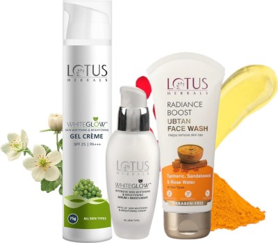 LOTUS HERBALS WhiteGlow Skin Brightening Gel Crème SPF 25 PA+++ 75G , SERUM 30ML WITH Radiance Boost Ubtan Facewash 50G(3 Items in the set)