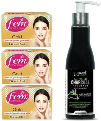 Fem GOLD CREME BLEACH 3 PC EACH OF 75 GM AND SUBAXO ACTIVATED CHARCOAL FACE WASH 200 ML(4 Items in the set)