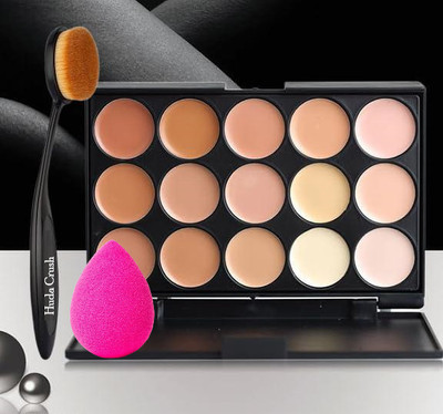 HUDA CRUSH Beauty 15 Color Concealer Palette With Oval Make Up Brush And Blender Puff(3 Items in the set)