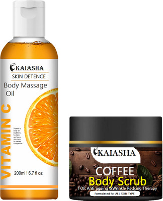 KAIASHA vitamin -C combo Orange Essential Massage 200ml Oil and Coffee Body Gel Scrub 200g(2 Items in the set)