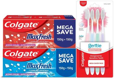 Colgate MaxFresh Red 300g & Blue 300g Toothpaste with Gentle Sensitive Toothbrush 4pcs