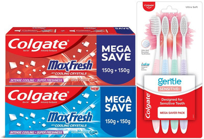 Colgate MaxFresh Red 300g & Blue 300g Toothpaste with Gentle Sensitive Toothbrush 4pcs(1 Items in the set)