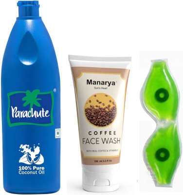 Manarya Natural Radiance Refresh - Coffee Face Wash, Aloe Vera Eye Mask + Parachute Coconut Oil(3 Items in the set)