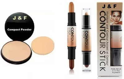 J & F Face Compact Powder With Contour Stick Highlighter(2 Items in the set)