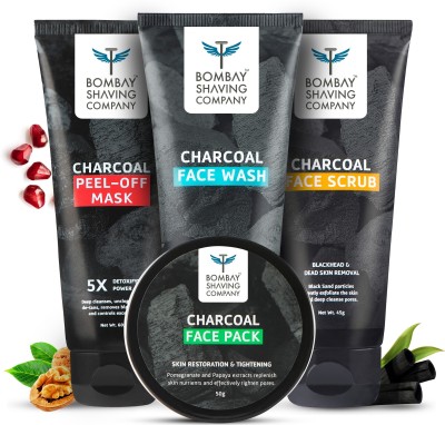 BOMBAY SHAVING COMPANY Activated Charcoal Complete Home Facial Kit | Removes Blackheads, De-tans, Unclogs Pores & Deep Cleanses | Made in India(4 Items in the set)
