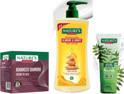 Nature's Diamond Cream Bleach (21g) Almond & Honey Body Lotion (400ml) Acne Clear Neem Face Wash (50ml)(3 Items in the set)