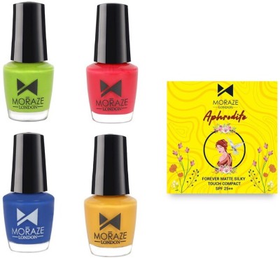 MORAZE Pack of 4 Nail Polish (Hydrogen, Sun, Forest, First Kiss) 5 ML, Compact Powder (Porcelain) 3ML(5 Items in the set)