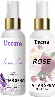 Veena Combo Unisex Lavender & Rose Attar Spray Pure Fragrance Long-Lasting Perfume Attar for temple and Personal use(2 Items in the set)