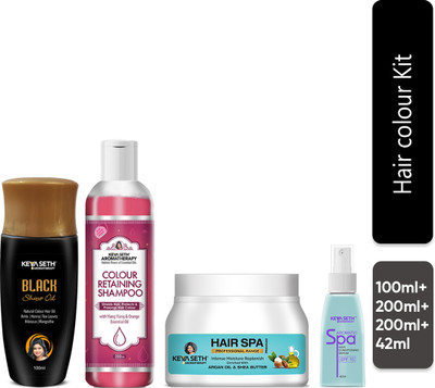 KEYA SETH AROMATHERAPY Hair Color Kit - Black Shine Oil 100ml+Shampoo200ml+Hair Spa 200gm+Serum 42ml(4 Items in the set)