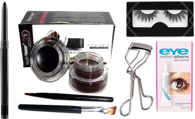 SHEFFO Kajal & Black and Brown Gel Eyeliner With brush 3D Eyelash,Glue,Curler(4 Items in the set)