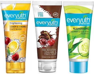 Everyuth Naturals Lemon & Cherry Face Wash, Tan Removal Scrub, Cucumber & Aloevera Face Pack (3X50g)(3 Items in the set)